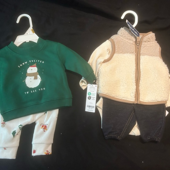 Green Snowman Sweater and Beige Fleece Vest Set